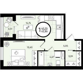 Квартира 42,9 м², 1-комнатная - изображение 1
