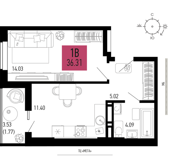 36,3 м², 1-комнатная квартира 6 063 770 ₽ - изображение 1