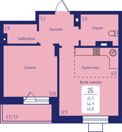 46,8 м², 2-комнатная квартира 7 534 800 ₽ - изображение 1