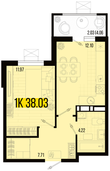 38 м², 1-комнатная квартира 4 183 300 ₽ - изображение 1