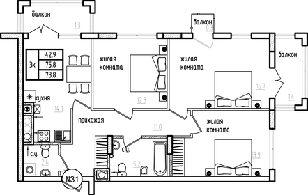 Квартира 88,7 м², 3-комнатная - изображение 1