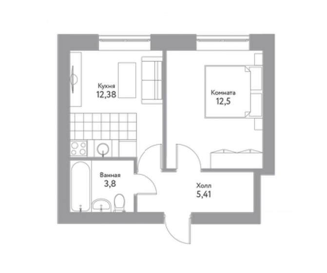 34,1 м², 1-комнатная квартира 3 239 500 ₽ - изображение 1