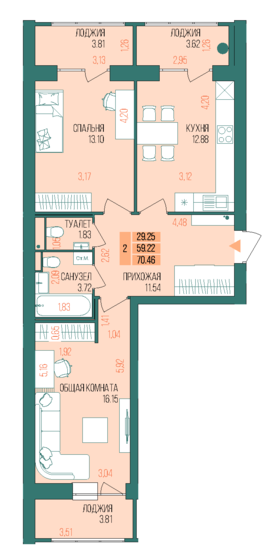 70,5 м², 2-комнатная квартира 6 719 550 ₽ - изображение 1