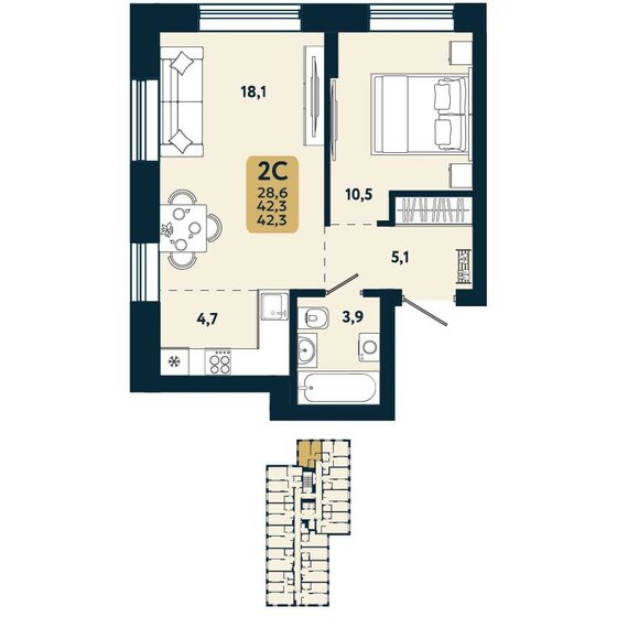 42,3 м², 2-комнатная квартира 6 452 900 ₽ - изображение 21