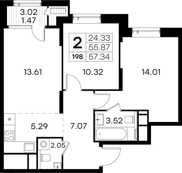 57,3 м², 2-комнатная квартира 15 709 999 ₽ - изображение 1