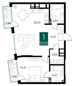 Квартира 67,1 м², 1-комнатная - изображение 1