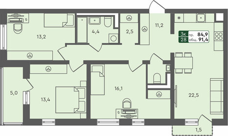 Квартира 91,4 м², 3-комнатная - изображение 1