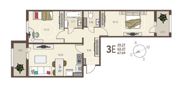 Квартира 67,5 м², 2-комнатная - изображение 1