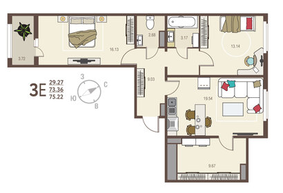 Квартира 75,2 м², 2-комнатная - изображение 1