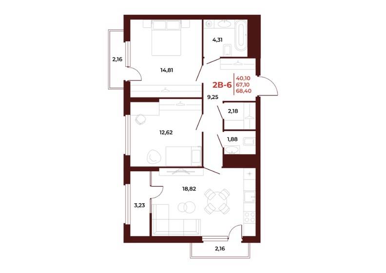 68,4 м², 2-комнатная квартира 7 045 200 ₽ - изображение 1
