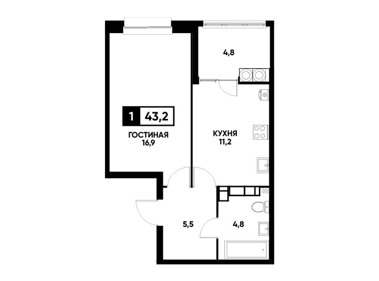 43,2 м², 1-комнатная квартира 4 518 720 ₽ - изображение 1