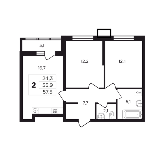 59 м², 2-комнатная квартира 6 233 000 ₽ - изображение 1