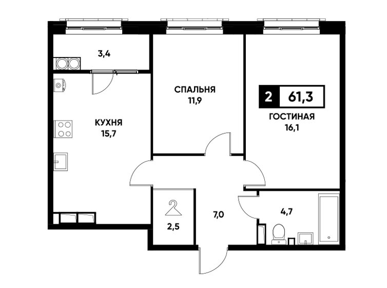 61,3 м², 2-комнатная квартира 5 517 000 ₽ - изображение 1