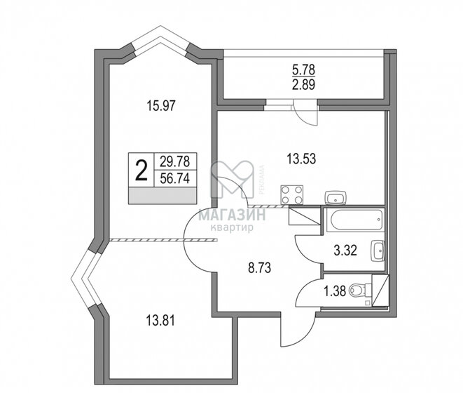 59,6 м², 2-комнатная квартира 15 100 000 ₽ - изображение 15