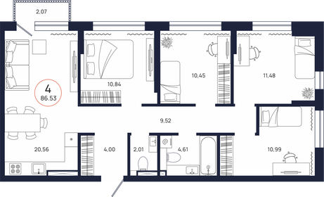 Квартира 86,5 м², 4-комнатная - изображение 1