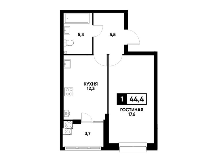 44,4 м², 1-комнатная квартира 4 644 240 ₽ - изображение 1