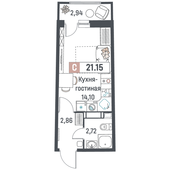 23,1 м², квартира-студия 5 977 098 ₽ - изображение 3
