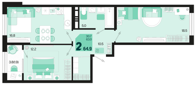 65,8 м², 2-комнатная квартира 8 527 680 ₽ - изображение 12