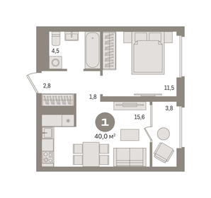 Квартира 40 м², 1-комнатная - изображение 1