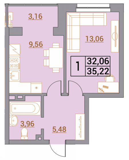 35,2 м², 1-комнатная квартира 3 522 000 ₽ - изображение 1