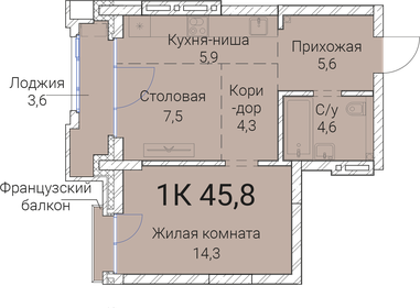 Квартира 45,8 м², 1-комнатная - изображение 1