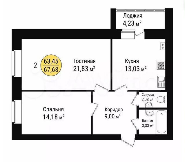 67 м², 2-комнатная квартира 5 752 800 ₽ - изображение 1