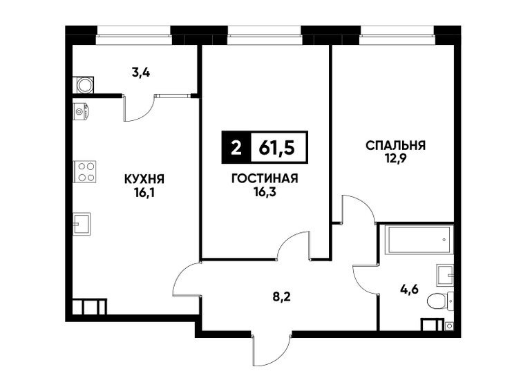 61,5 м², 2-комнатная квартира 6 033 150 ₽ - изображение 1