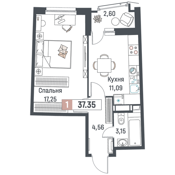 37,4 м², 1-комнатная квартира 6 446 610 ₽ - изображение 1