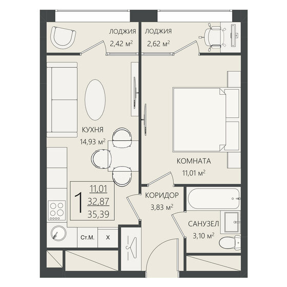 35,4 м², 1-комнатная квартира 5 485 450 ₽ - изображение 1