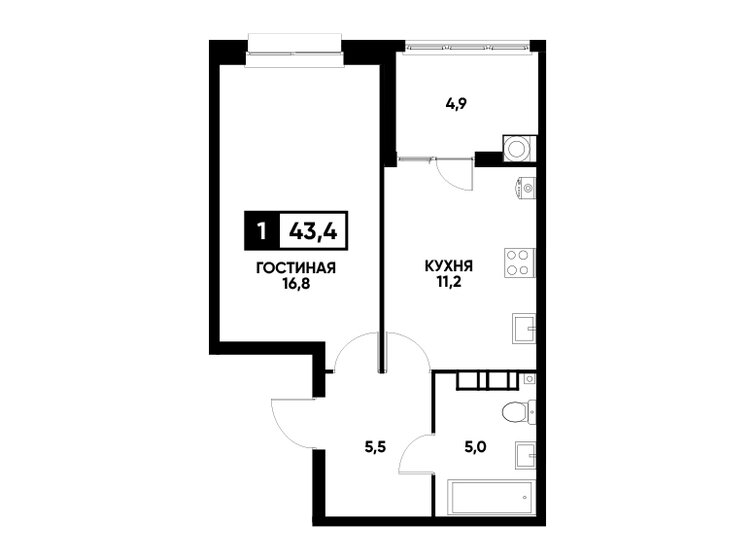 43,4 м², 1-комнатная квартира 4 496 240 ₽ - изображение 1