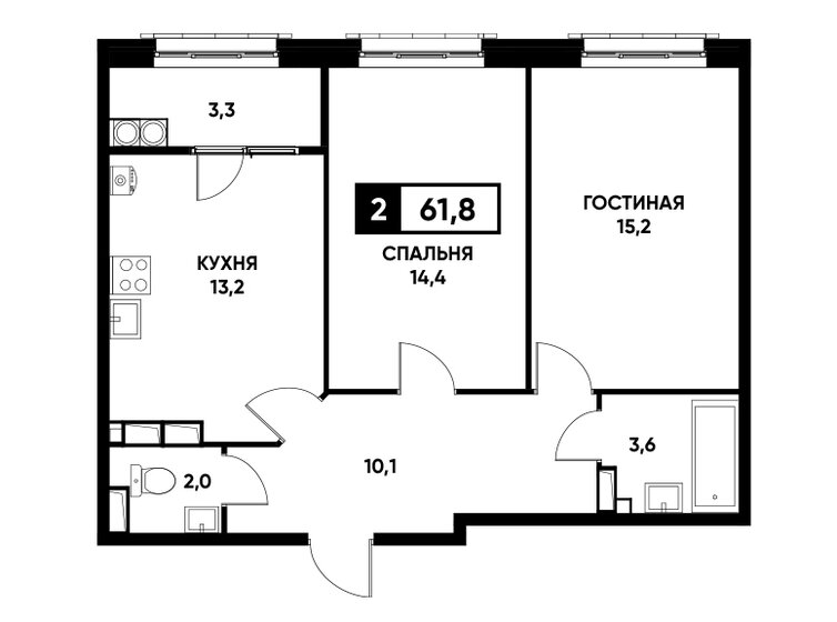 61,8 м², 2-комнатная квартира 5 562 000 ₽ - изображение 1