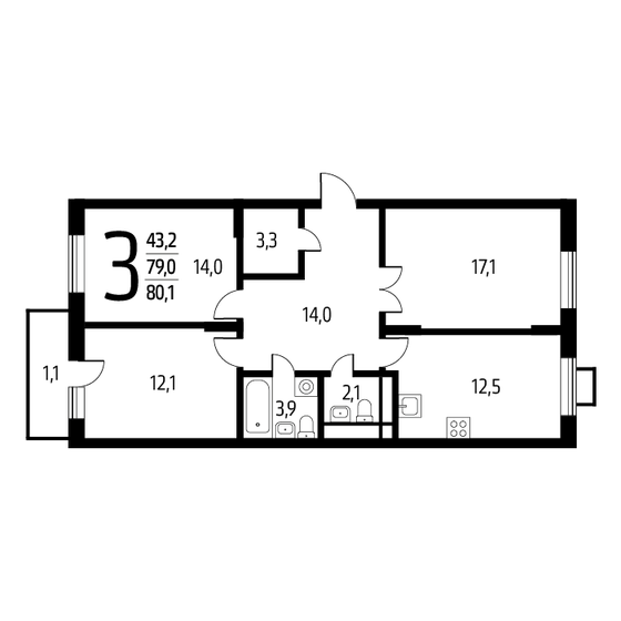 80,1 м², 3-комнатная квартира 16 604 730 ₽ - изображение 1