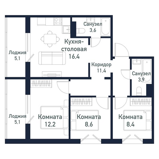 64,5 м², 3-комнатная квартира 9 315 000 ₽ - изображение 1