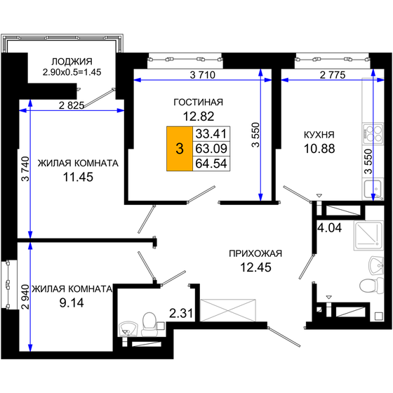 64,5 м², 3-комнатная квартира 7 422 100 ₽ - изображение 1