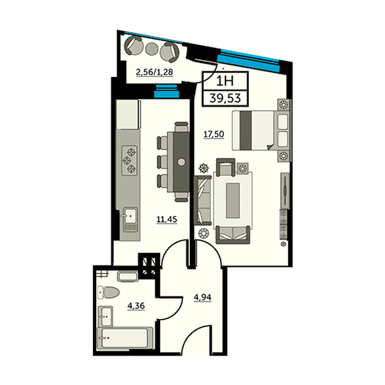 39,3 м², 1-комнатная квартира 7 545 600 ₽ - изображение 1