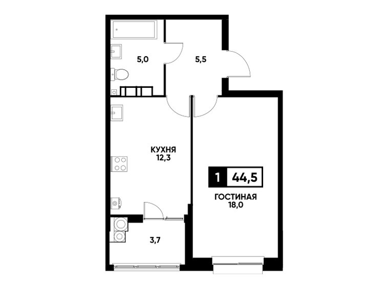 44,5 м², 1-комнатная квартира 4 610 200 ₽ - изображение 1