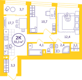 Квартира 53,5 м², 2-комнатная - изображение 1