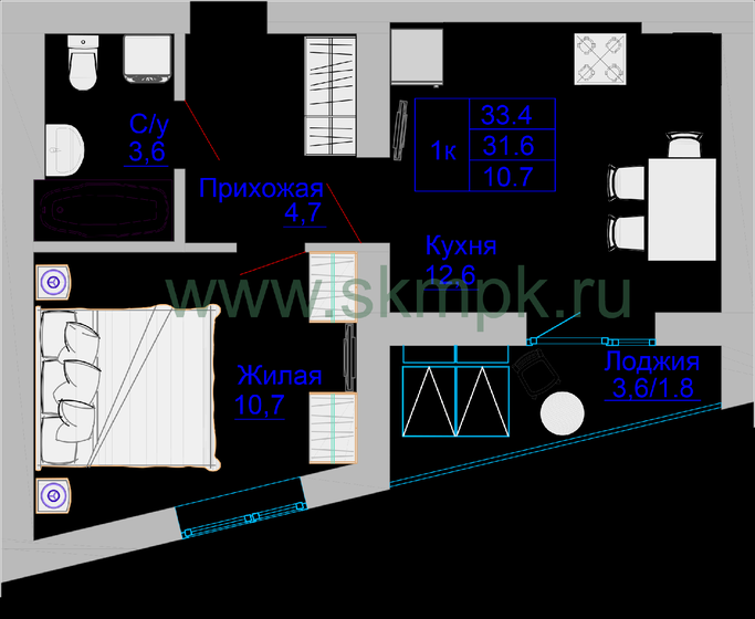 33,4 м², 1-комнатная квартира 3 841 000 ₽ - изображение 1