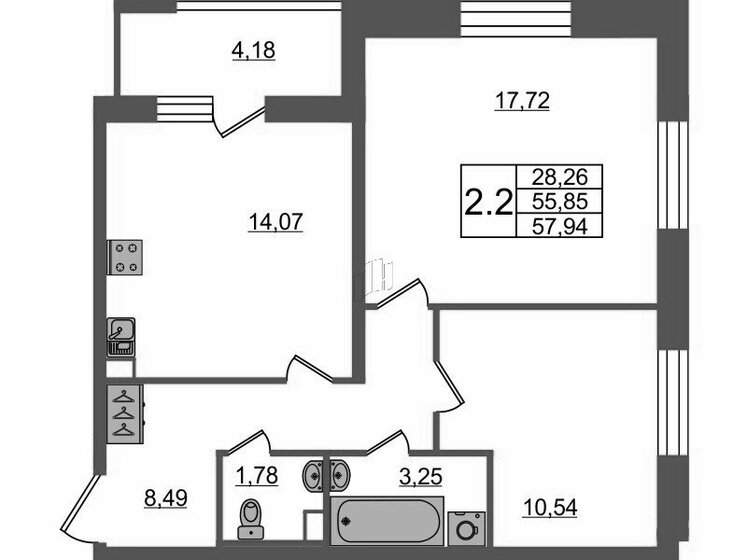 55,9 м², 2-комнатная квартира 13 960 000 ₽ - изображение 1