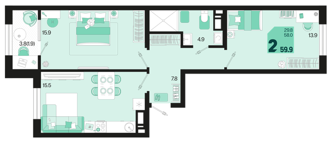 60 м², 2-комнатная квартира 6 800 000 ₽ - изображение 72