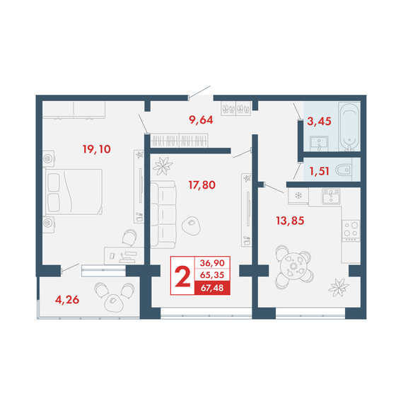 67,5 м², 2-комнатная квартира 5 668 320 ₽ - изображение 1