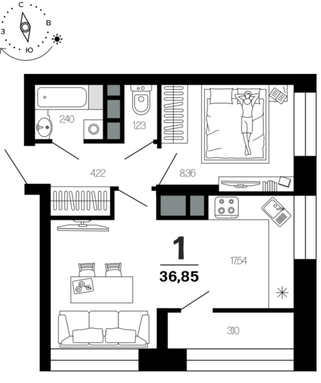 36,9 м², 1-комнатная квартира 4 569 700 ₽ - изображение 1