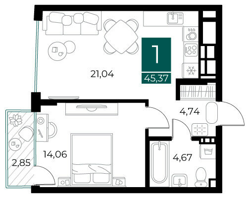45,4 м², 1-комнатная квартира 8 620 300 ₽ - изображение 1