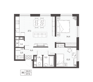 Квартира 67,6 м², 2-комнатная - изображение 1