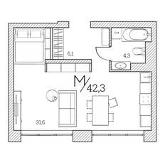 Квартира 42,3 м², студия - изображение 2