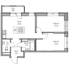 Квартира 55,6 м², 2-комнатная - изображение 1