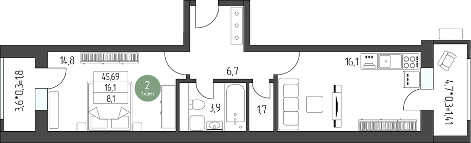 48,7 м², 1-комнатная квартира 6 115 680 ₽ - изображение 21