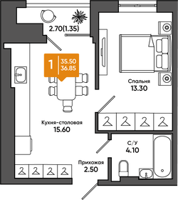 Квартира 36,9 м², 1-комнатная - изображение 1