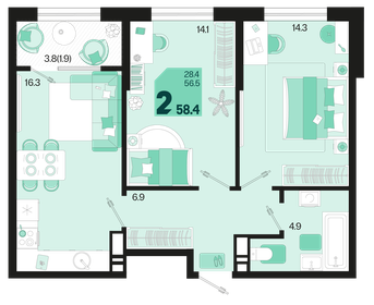 60,3 м², 2-комнатная квартира 7 718 400 ₽ - изображение 16