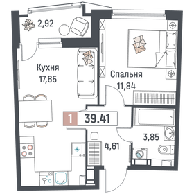 Квартира 39,4 м², 1-комнатная - изображение 1